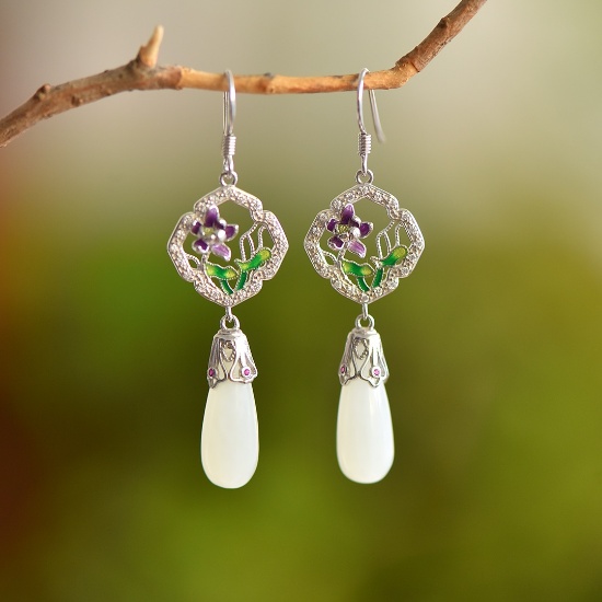 A Pair of Exquisite Sterling Silver Inlaid White Jade Enamel Earrings