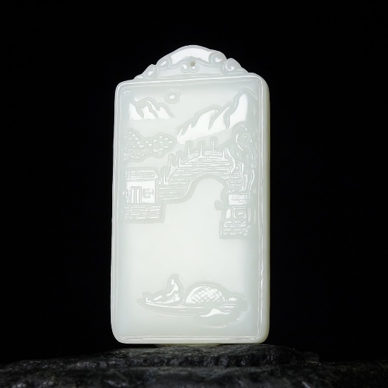 An Exquisite White Jade Landscape Pattern Pendant