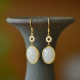 A Pair of Exquisite Sterling Silver-Gold Plated Inlaid White Jade Earrings