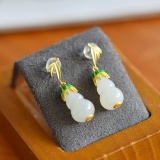 A Pair of Exquisite Sterling Silver-Gold Plated Inlaid White Jade Enamel Earrings