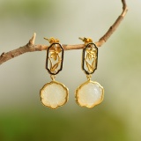 A Pair of Exquisite Sterling Silver-Gold Plated Inlaid White Jade Enamel Earrings