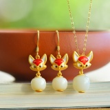 A Set of Fine Sterling Silver-Gold Plated Inlaid White Jade Jewelrys