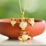 A Set of Fine Sterling Silver-Gold Plated Inlaid White Jade Jewelrys