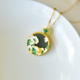 An Exquisite Sterling Silver-Gold Plated Inlaid Greenish Jade Enamel Pendant