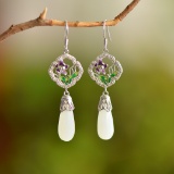 A Pair of Exquisite Sterling Silver Inlaid White Jade Enamel Earrings