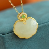 An Exquisite Sterling Silver-Gold Plated Inlaid White Jade Pendant