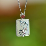 An Exquisite Sterling Silver Inlaid White Jade Enamel Pendant