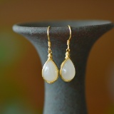 A Pair of Exquisite Sterling Silver-Gold Plated Inlaid White Jade Earrings