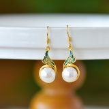 A Pair of Exquisite Sterling Silver-Gold Plated Inlaid Pearl Enamel Earrings