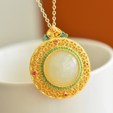An Exquisite Sterling Silver-Gold Plated Inlaid White Jade Pendant