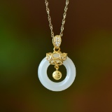 An Exquisite Sterling Silver-Gold Plated Inlaid White Jade Pendant