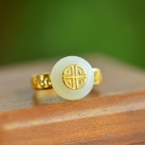 An Exquisite Sterling Silver-Gold Plated Inlaid White Jade Ring