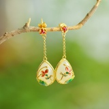 A Pair of Exquisite Sterling Silver-Gold Plated Inlaid White Jade Enamel Earrings