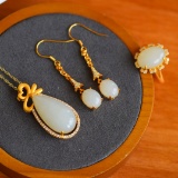A Set of Fine Sterling Silver-Gold Plated Inlaid White Jade Jewelrys