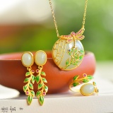 A Set of Fine Sterling Silver-Gold Plated Inlaid White Jade Jewelrys