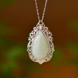 An Exquisite Sterling Silver-Gold Plated Inlaid White Jade Pendant, Inlaid Pearl