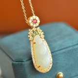 An Exquisite Sterling Silver-Gold Plated Inlaid White Jade Pendant