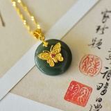 An Exquisite Sterling Silver-Gold Plated Inlaid Greenish Jade Pendant