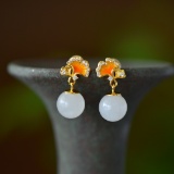 A Pair of Exquisite Sterling Silver-Gold Plated Inlaid White Jade Enamel Earrings