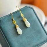 A Pair of Exquisite Sterling Silver-Gold Plated Inlaid White Jade Earrings