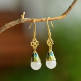 A Pair of Exquisite Sterling Silver-Gold Plated Inlaid White Jade Enamel Earrings