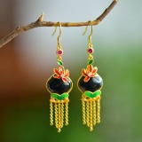 A Pair of Exquisite Sterling Silver-Gold Plated Inlaid Greenish Jade Enamel Earrings