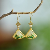 A Pair of Exquisite Sterling Silver-Gold Plated Inlaid White Jade Enamel Earrings, Inlaid Pearl