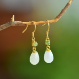 A Pair of Exquisite Sterling Silver-Gold Plated Inlaid White Jade Earrings