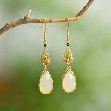 A Pair of Exquisite Sterling Silver-Gold Plated Inlaid White Jade Earrings