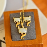 A Set of Fine Sterling Silver-Gold Plated Inlaid White Jade Jewelrys