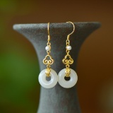 A Pair of Exquisite Sterling Silver-Gold Plated Inlaid White Jade Earrings