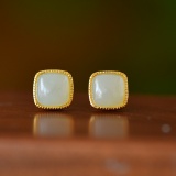 A Pair of Exquisite Sterling Silver-Gold Plated Inlaid White Jade Earrings