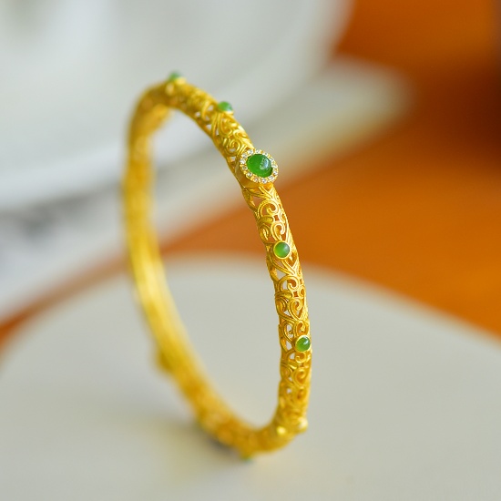 An Exquisite Sterling Silver-Gold Plated Inlaid Jasper Bracelets,Inlaid Diamond
