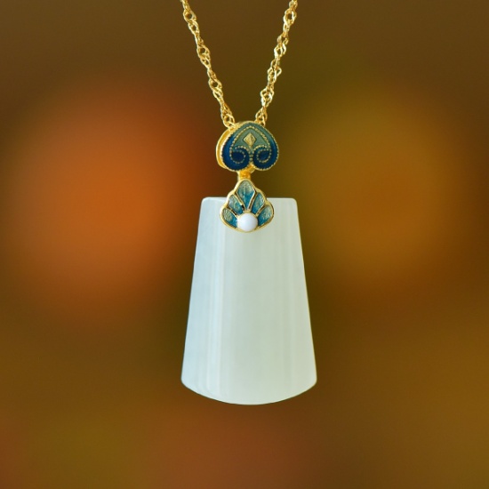 An Exquisite Sterling Silver-Gold Plated Inlaid White Jade Pendant