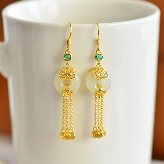 A Pair of Exquisite Sterling Silver-Gold Plated Inlaid White Jade Earrings