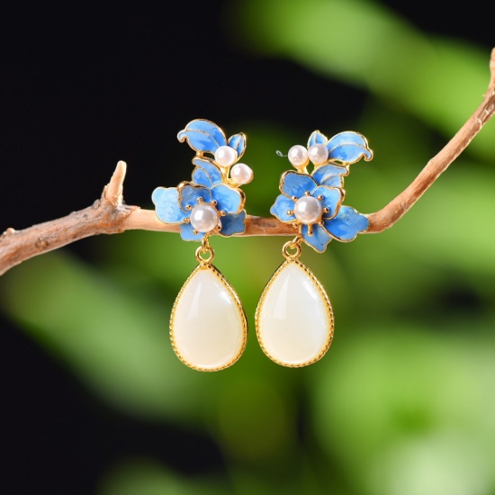 A Pair of Exquisite Sterling Silver-Gold Plated Inlaid White Jade Enamel Earrings,Inlaid Pearls