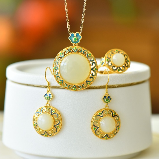 A Set of Fine Sterling Silver-Gold Plated Inlaid White Jade Jewelrys
