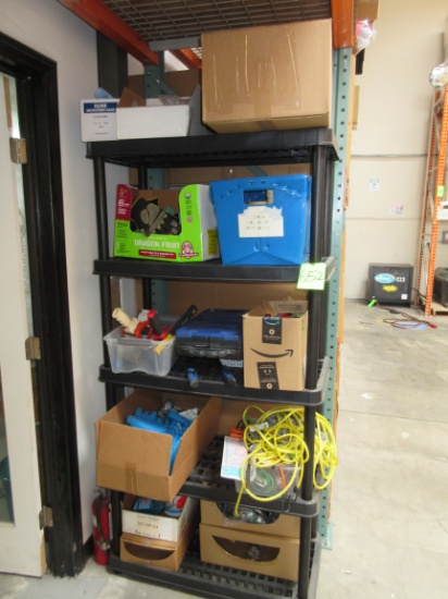 LOT PLASTIC SHELVE WITH MISC. CONTENTS, ROPES