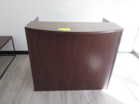 LOT FURNITURE, RECEPTIONIST DESK, TABLE,BOOKCASE, (2) CHAIRS