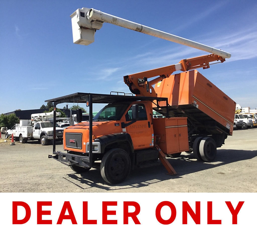 (Dixon, CA) Altec LRV-55, Over-Center Bucket Truck mounted behind cab on 2008 GMC C7500 Chipper Dump
