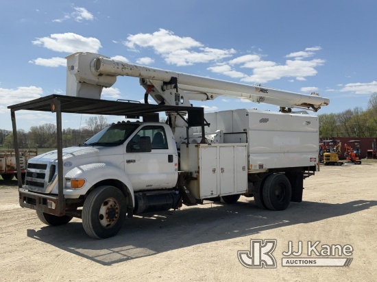 Altec LRV60E70, Over-Center Elevator Bucket Truck mounted behind cab on 2011 Ford F750 Chipper Dump 