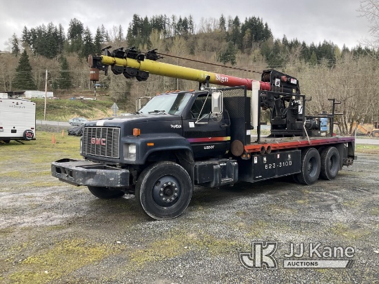 Telescopic Sign Crane rear mounted on 1996 GMC C7500 Flatbed/Utility Truck Runs, Moves)(Generator Wi
