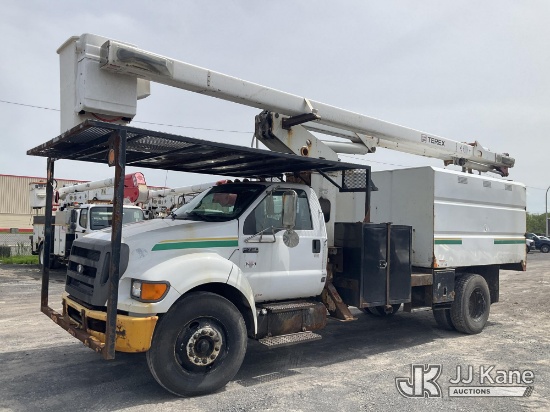 (Rome, NY) Terex XT60, Over-Center Bucket Truck mounted behind cab on 2010 Ford F750 Chipper Dump Tr