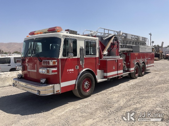 (Jurupa Valley, CA) 1992 sutphen 90' quint T/A Ladder/Fire Truck Runs & Moves