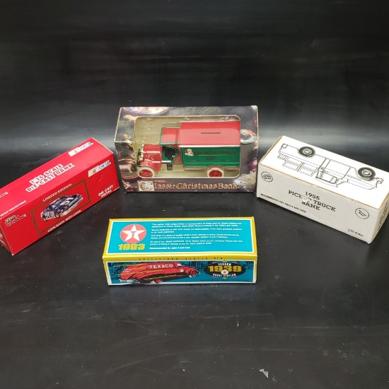 4 x Ertl Racing Champs Diecast Car Models / Banks - 55 Chevy, 57 Chevy, John Deere