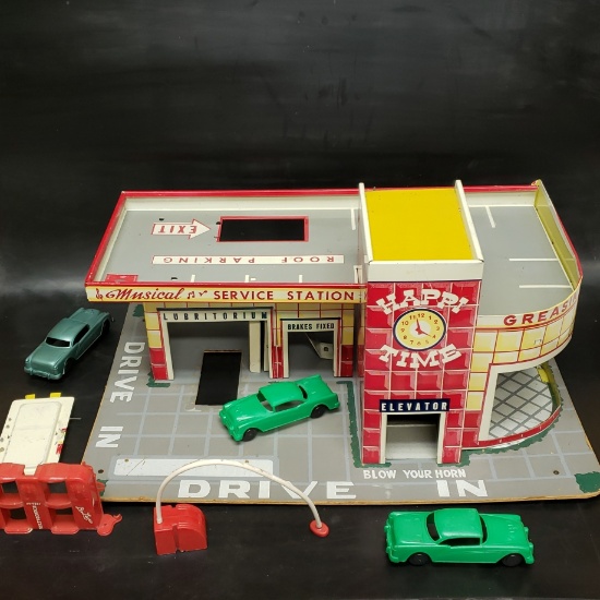 1950's Tin Litho Service Station Happi Time Musical Service Station