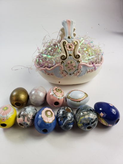 Vintage Small Lustreware Easter Basket w/ Decorative Eggs Pink and Light Blue