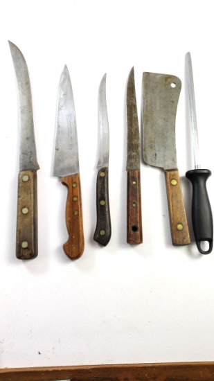 5 X Vintage Kitchen Knives and Honing Steel - Cleaver Carving Slicer Frost