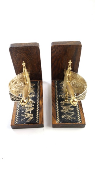 Pair of Vintage Sword Handle Wooden Bookends Roman Soldier Designs