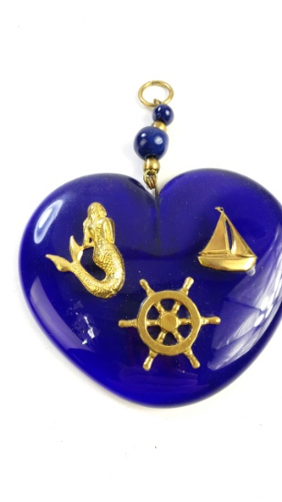 Handmade Greek Blue Glass Nautical Designs in Brass Hanging Pendant